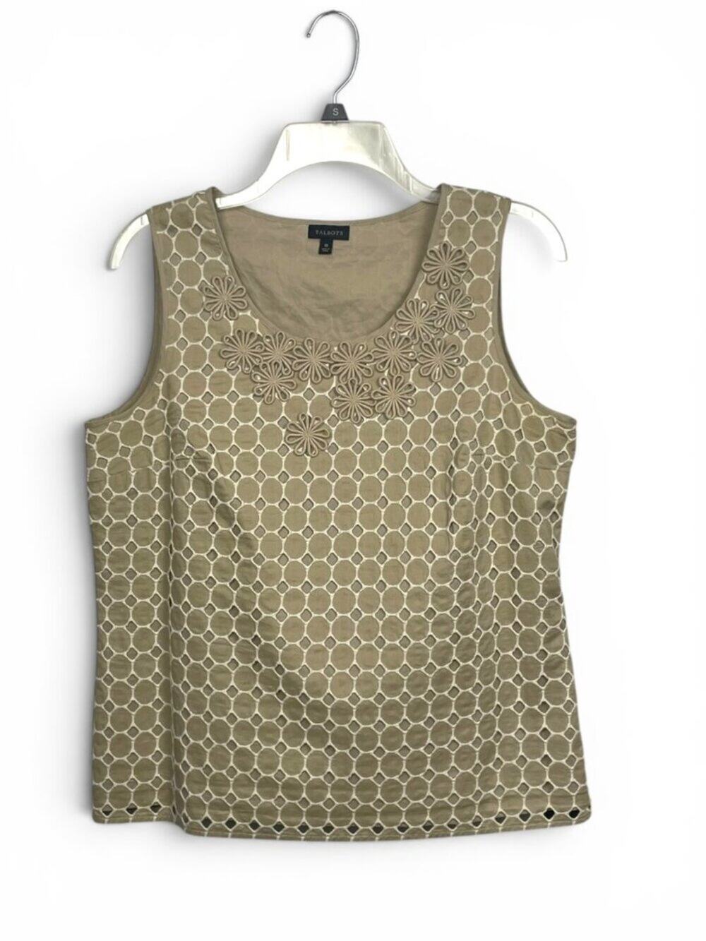 Talbots Women's All-Over Eyelet Lace Tank Top Size 10 Floral Appliqués Beige